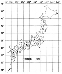 図2．住吉神社の分布。地図で見る日本地名索引より部分一致検索および作図。